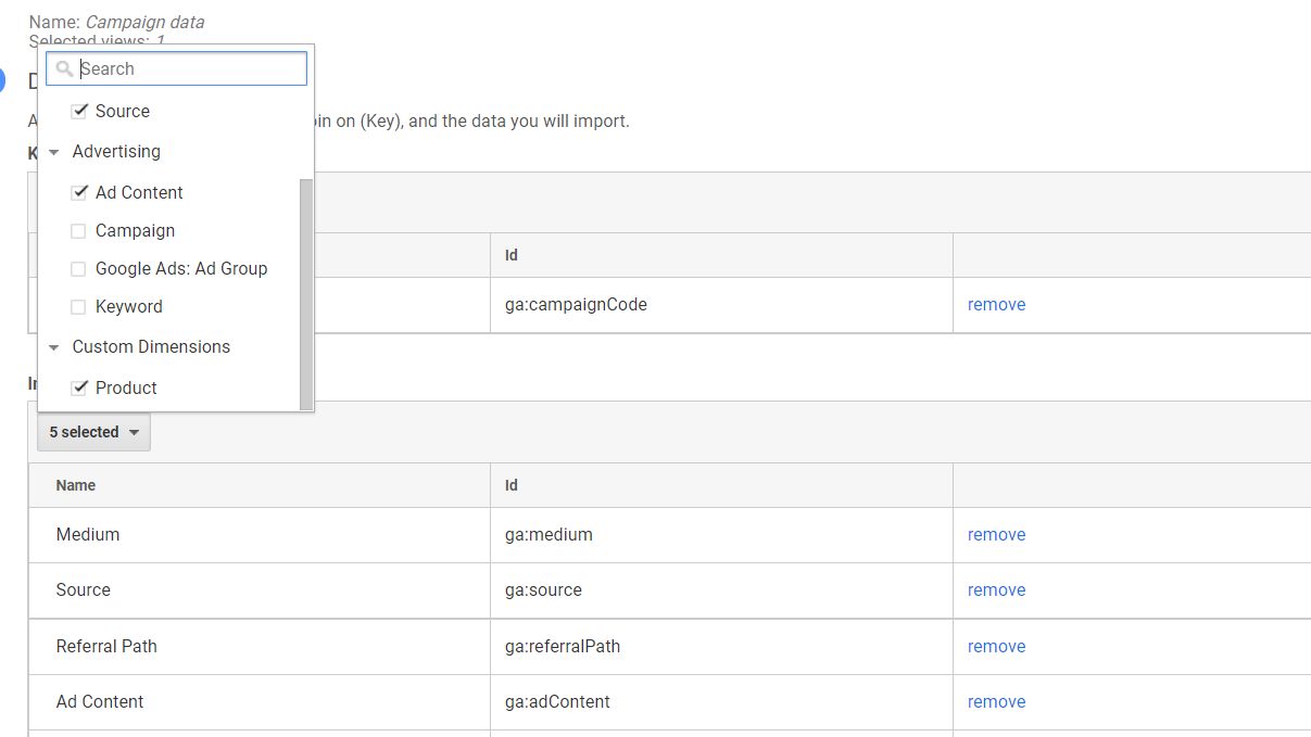 Selecting dimensions to import including custom dimensions
